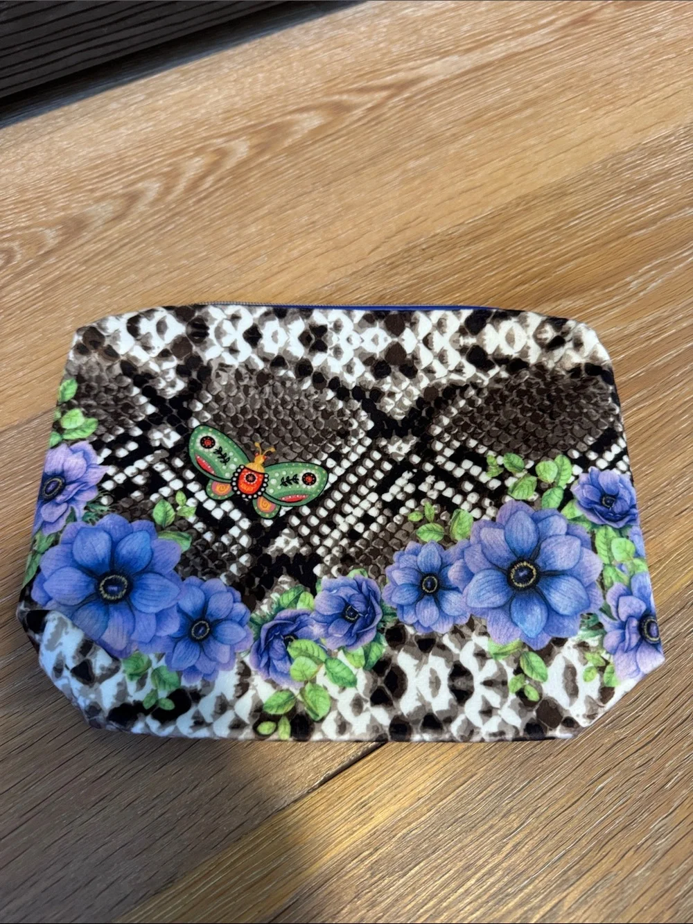 Floral Butterfly Snake-Print Pouch in Blue and Green